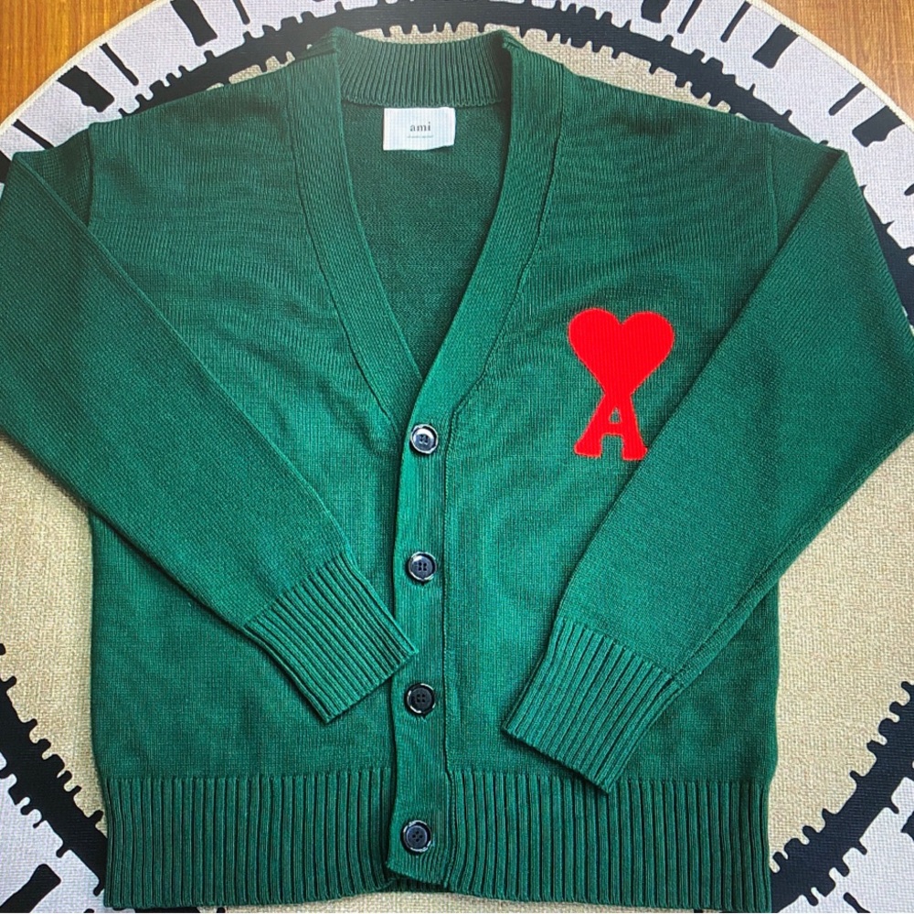Ami Forest Green Cardigan with Red Heart Accent
